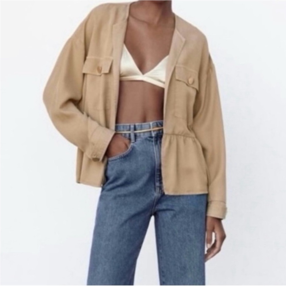 Zara Ruffled Peplum Open Front Oversized Safari Khaki Color Shacket Jacket XS